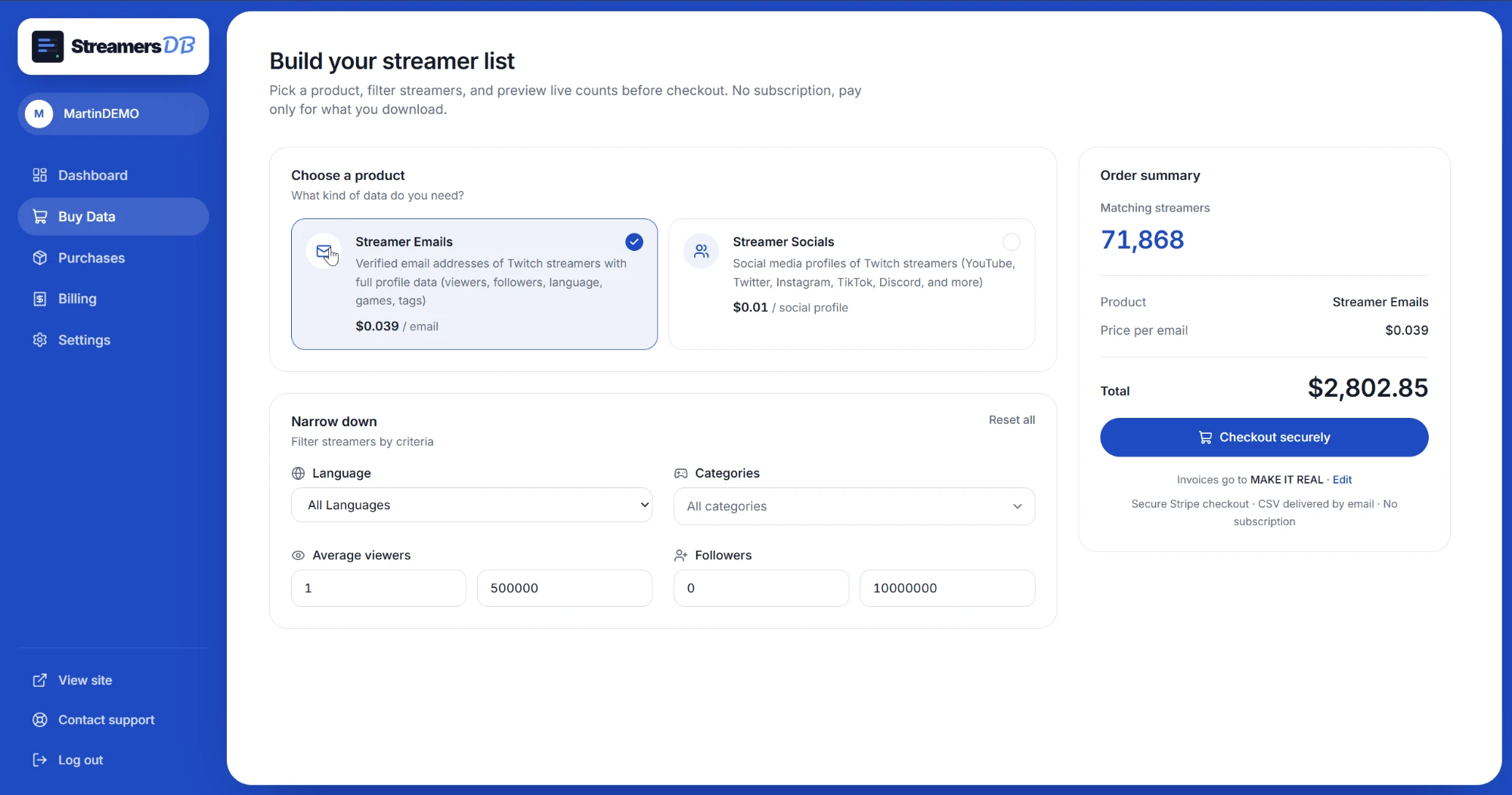The new StreamersDB dashboard: pick a product, filter streamers, and see the live count and exact price before checkout